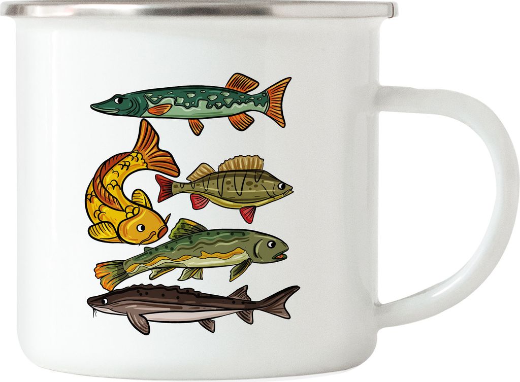 Süßwasserfische Emaille Tasse Angler Geschenkidee Hecht Forelle Karpfen Stöer Barsch