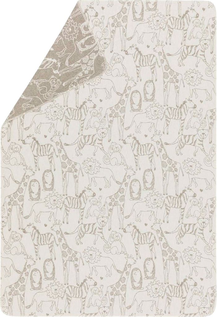 A flat lay image of a baby blanket with a safari animal pattern.