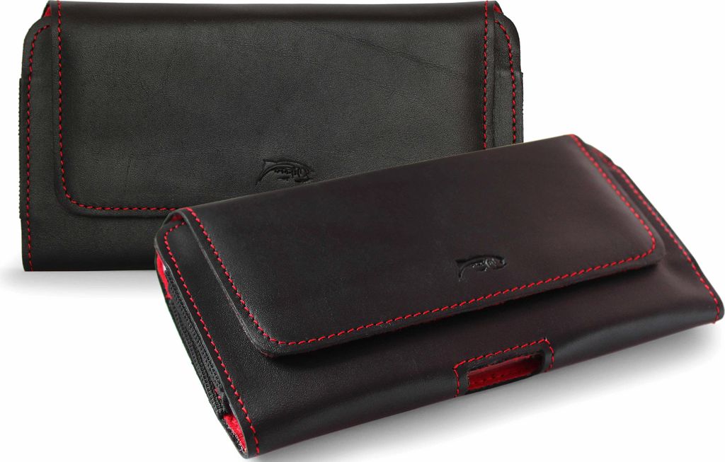LURESKO FREYA XL Ledergürtelholster Handyhülle 165x82x10mm (Glatt Schwarz, Roter Faden, Rote Mitte)