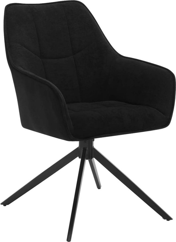 A black upholstered armchair with a swivel base.