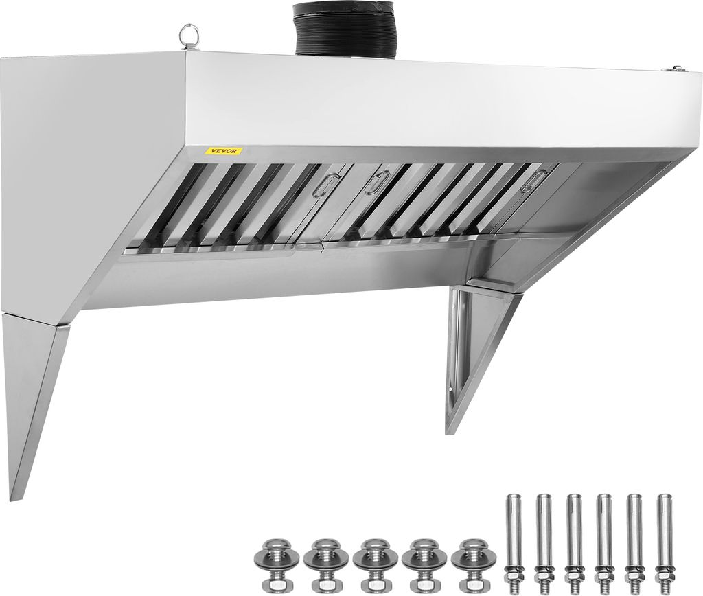 A stainless steel commercial range hood with a black flexible duct attachment, shown from the front-left, with mounting hardware displayed below.