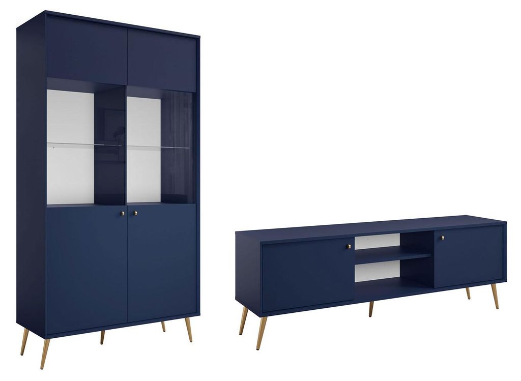 Wohnzimmer-Set Rose Wohnwand Ausführung wählbar,1 Vitrine, 1 Lowboard,marineblau