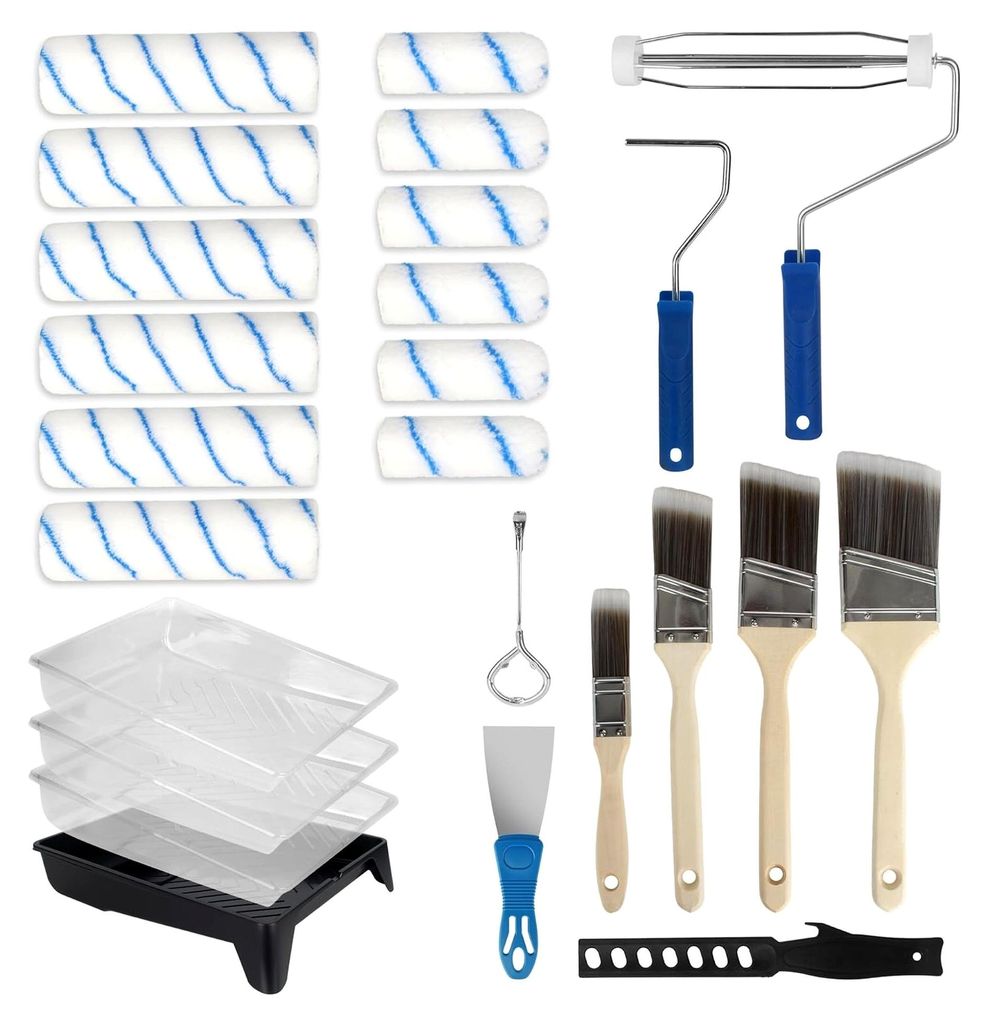 Farbroller Set, 25-teiliges Malerset mit 23 cm und 10 cm Malerrolle, Pinsel und Farbwanne, Mikrofaser Lackierwalze für professionelle Malerarbeite...