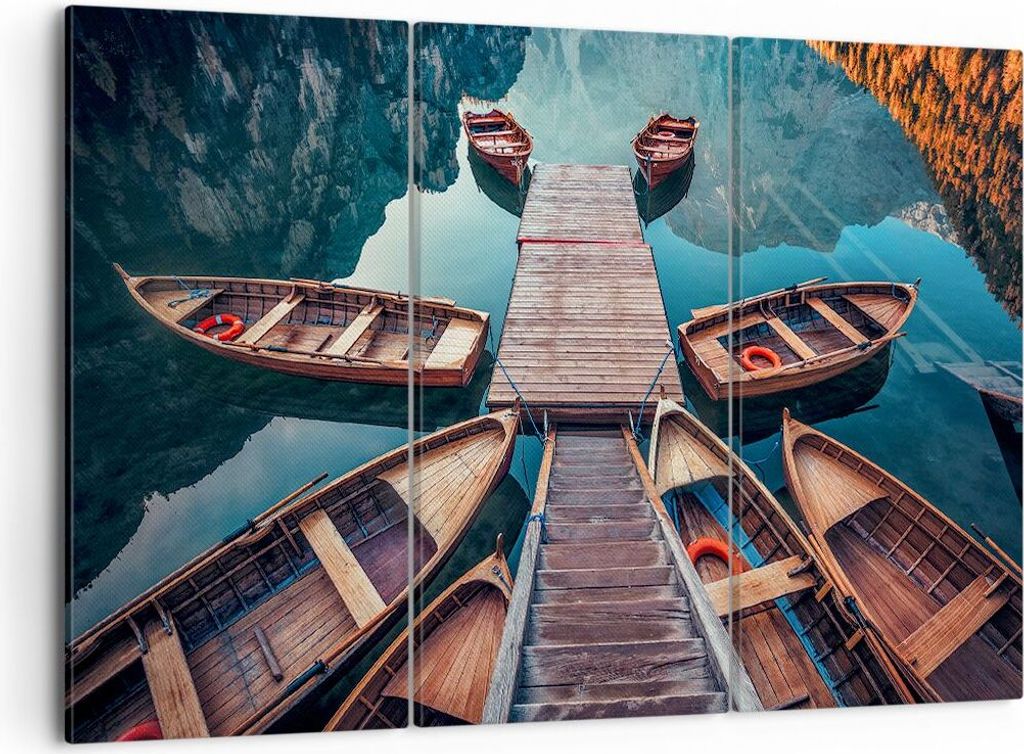 Bild auf Leinwand - Leinwandbild - Berge Boot Wasser - 105x70cm - Wand Bild - Wanddeko - Wandbilder - Leinwanddruck - Bilder - Kunstdruck - Wanddek...