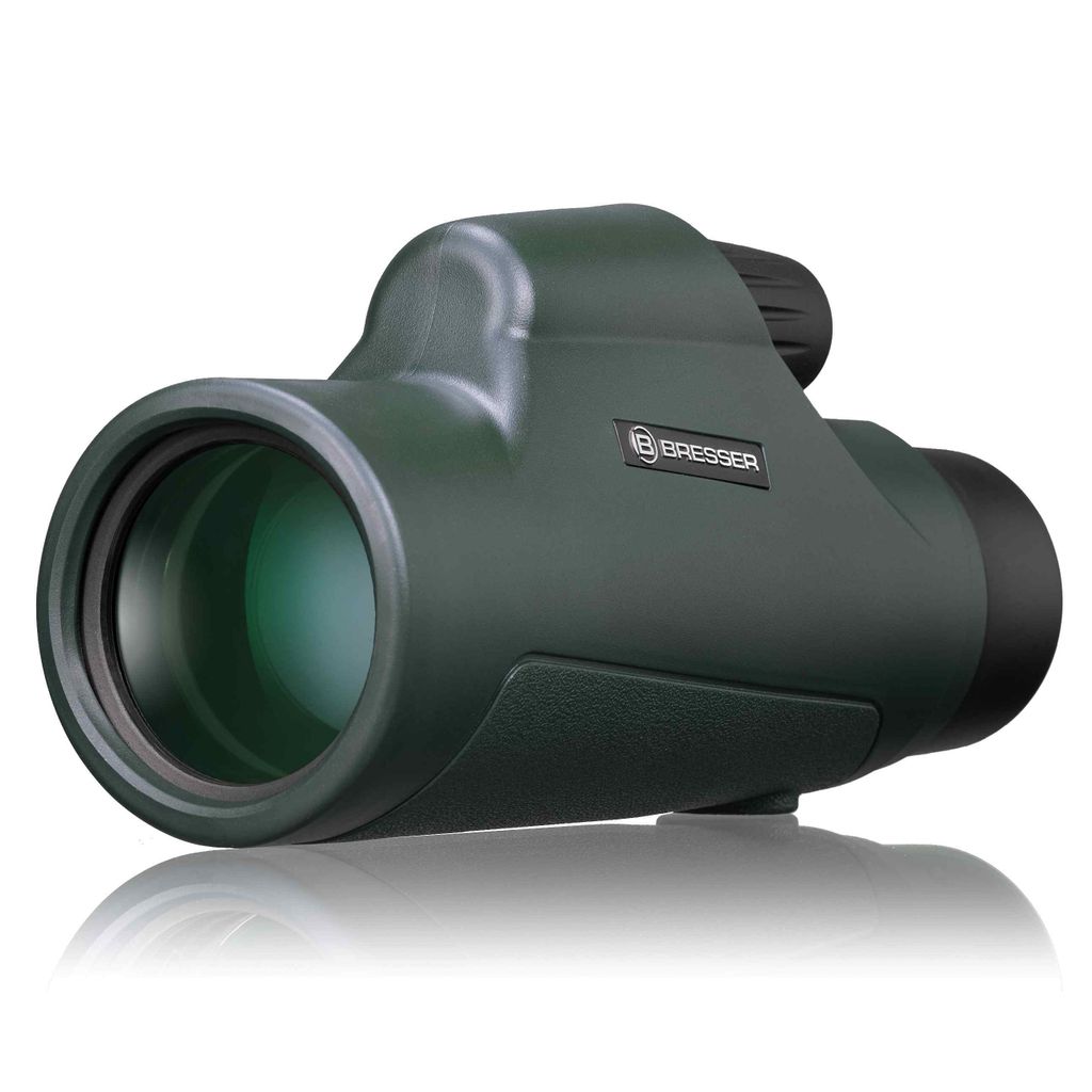 A dark green monocular is shown against a white background.