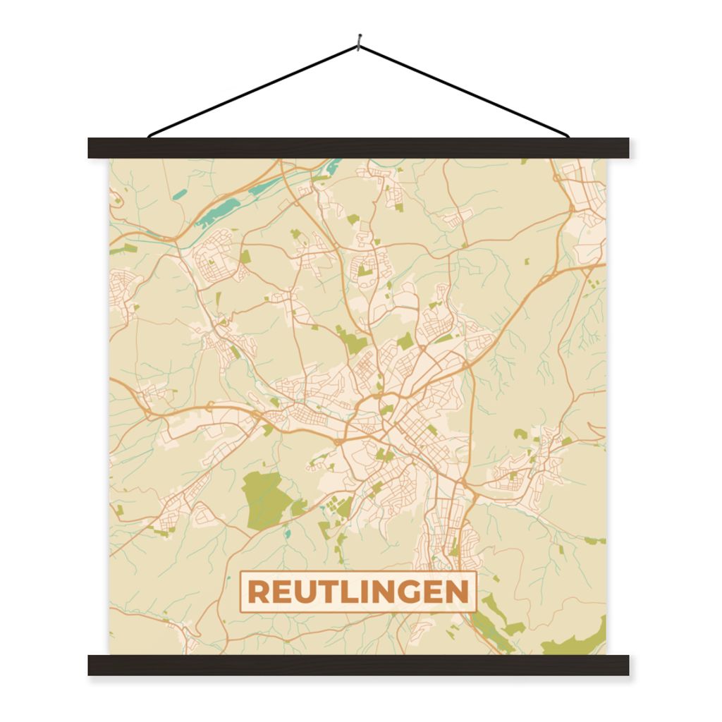 MuchoWow Textilposter Stadtplan - Reutlingen - Vintage - Stadtplan 90x90 cm mit schwarzem Rahmen - Magnetisches