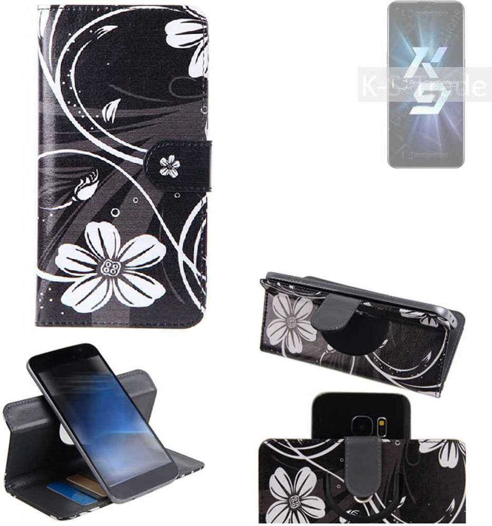 K-S-Trade Schutzhülle Handyhülle kompatibel mit Oppo K9 5G Hülle 360° Wallet Case ''Flowers'' Klapphülle Hülle schwarz-weiß 1x