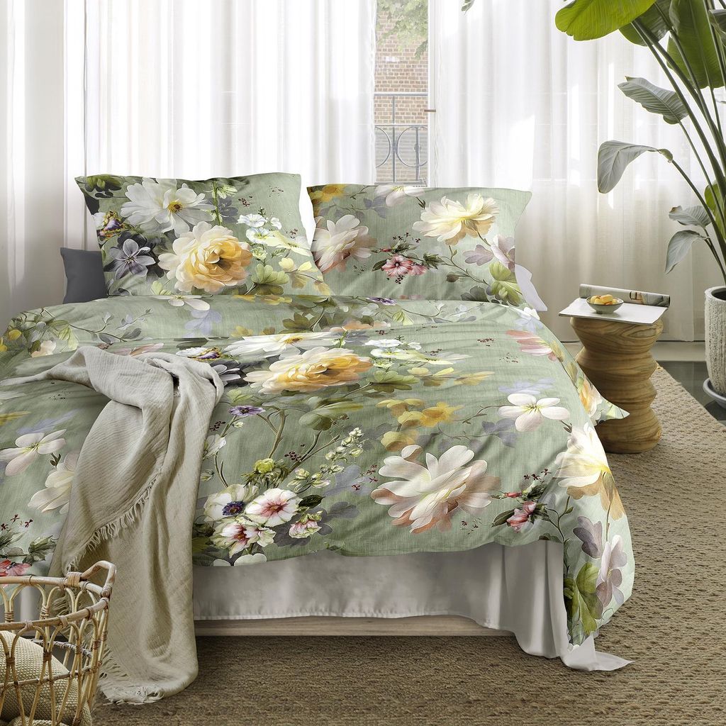 Irisette Flausch Baumwolle Bettwäsche Zobel 8596-30 Blüten grün 135x200