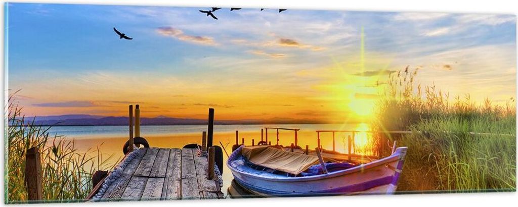 Bilder auf glas - See Boot Wasser - 90x30cm - Glasbilder - Wandbilder - Kunstdruck - zum Aufhängen bereit - Wanddekoration aus Glas - Glas Bilder ...