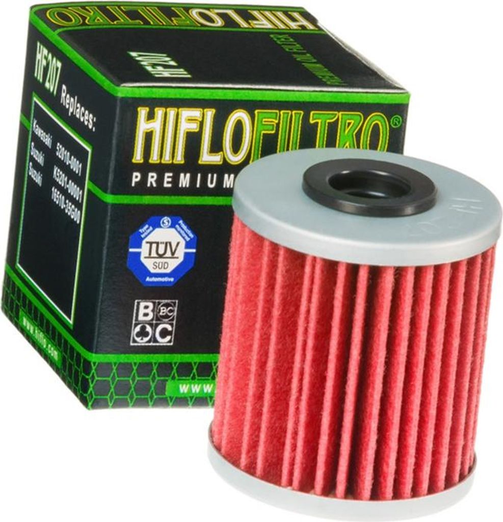 A Hiflofiltro oil filter and its packaging are shown against a white background.