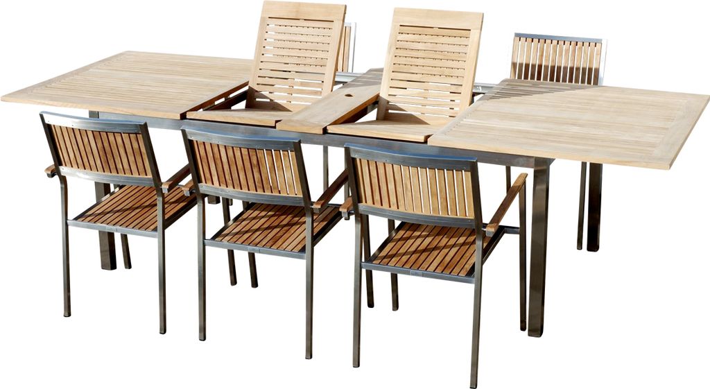 ALEOS. Gartengarnitur Edelstahl Teak Set Ausziehtisch 200-240-280x100 cm + 6 Teak Sessel A-Grade Teak Holz Serie KUBA Gastroqualität