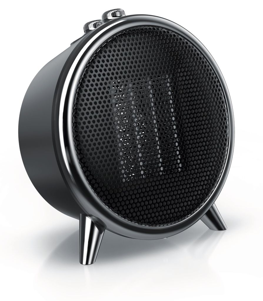 A black and silver ceramic heater with a round grille and three legs, shown on a white background.
