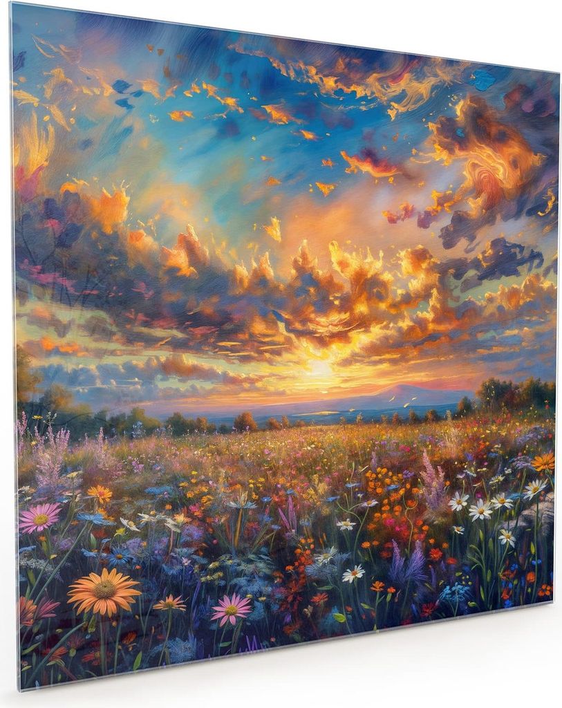 Küchenrückwand Spritzschutz Glas mit Motiv Blumenwiese Sonnenuntergang 40 x 40 cm