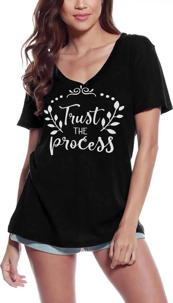Damen Grafik T-Shirt V-Ausschnitt Vertrauen in den Prozess – Trust The Process – Öko-Verantwortlich Vintage Jahrgang Kurzarm Lustige Druck Geb...