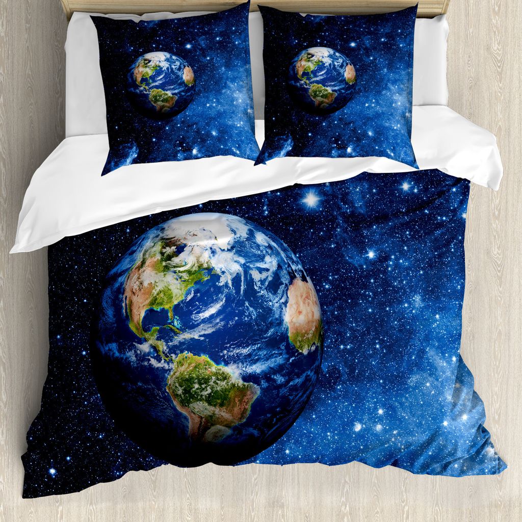 ABAKUHAUS Platz Bettbezug, Planet Erde Sonnensystem, Milbensicher Allergiker geeignet mit Kissenbezügen, 200 cm x 200 cm - 80 x 80 cm, Blau Grün