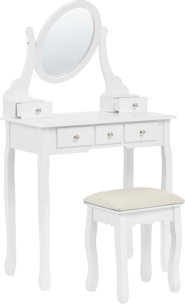 BELIANI Schminktisch Weiß MDF-Platte mit Holzbeinen Ovalem Spiegel 5 Schubladen Hocker Glamour für Erwachsene Schlafzimmer Garderobe Jugendzimmer