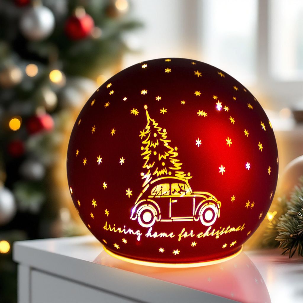 LED Weihnachtskugel zum Stellen in matt rot mit Timer - 12 cm - Glaskugel warm weiß beleuchtet Batterie betrieben