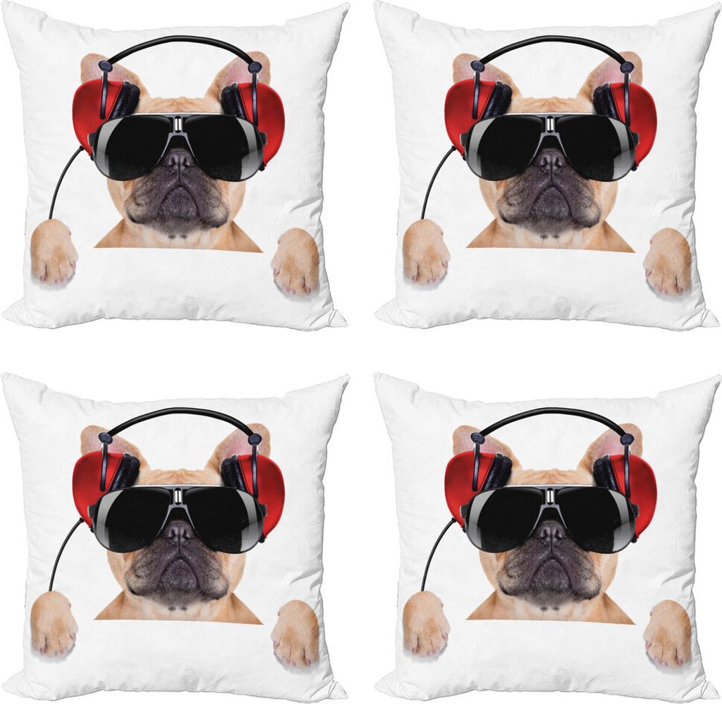 ABAKUHAUS Popstar-Party Kissenbezug Set (4 Stück), DJ Bulldog Musik, Moderner Doppelseitiger Digitaldruck, 45 cm x 45 cm, Pale Braun Schwarz Rot