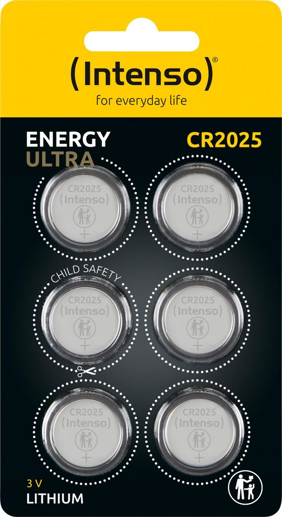 A blister pack of six CR2025 lithium coin cell batteries.