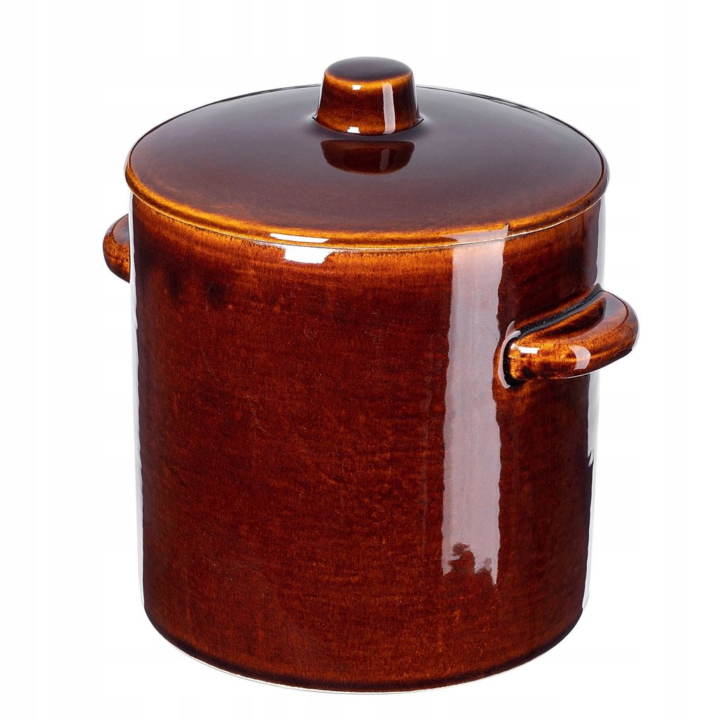 A brown ceramic pot with a lid and handles, isolated on a white background.
