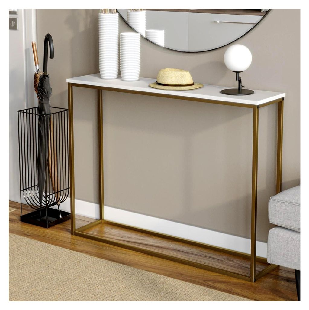 Konsolentisch aus Holz mit Metallbeinen (weiße Tischplatte und goldene Beine)