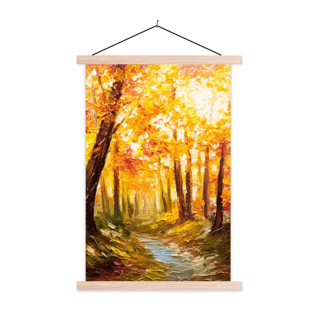 MuchoWow Textilposter Gemälde - Herbst - Wald - Ölgemälde 60x90 cm mit holzfarbenen Rahmen - Textil