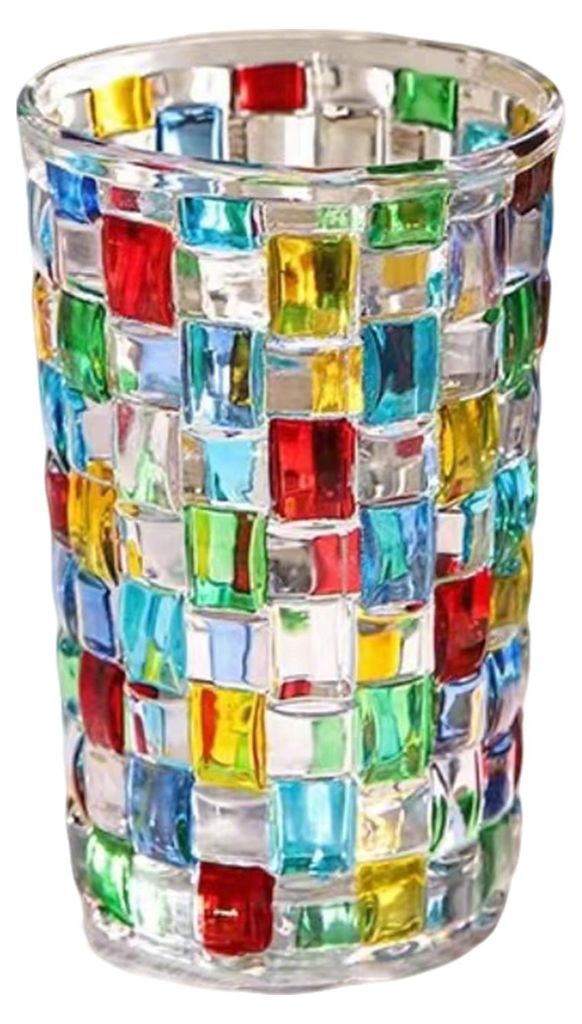 Mehrfarbige Mosaik-Glas-Wasserflasche mit Buntglas-Design, ideal als dekoratives Trinkgefäß für Tee, Kaffee und Esstisch.