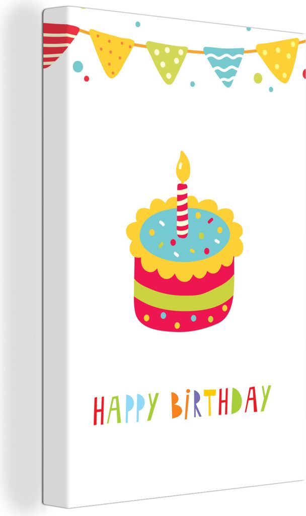 OneMillionCanvasses - Leinwandbilder - 90x140 cm, Illustration mit Fahnen, einem Kuchen und dem Zitat "Happy Birthday"., Wandbilder Kunstdruck Wa...