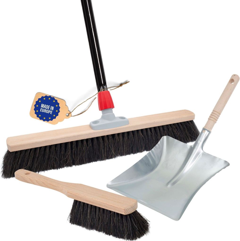 Novaliv Besen 40 cm mit Stiel Saalbesen Rosshaarbesen inkl. Kehrgarnitur verzinkt bestehend aus Kehrblech und Handfeger besen fein Ideal als Werkst...