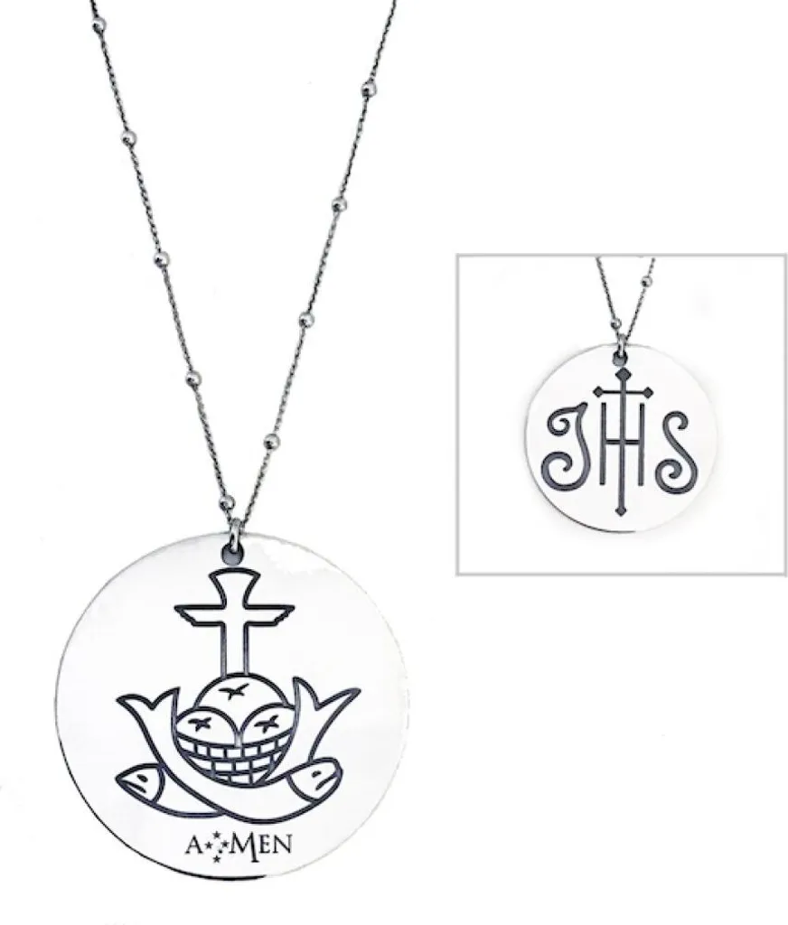 Grand Pendentif 55mm IHS en Argent Massif Gravé Pains et Poissons