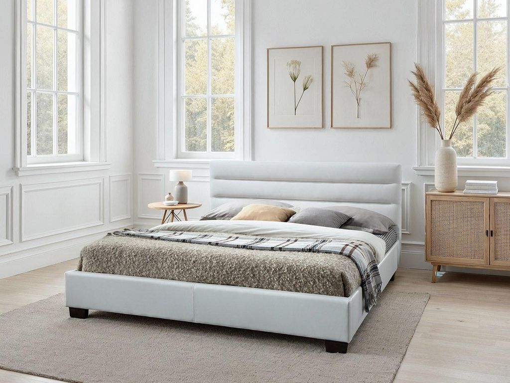 Bett 140 x 190 cm - Ökoleder - weiß + Matratze - FAUSTIN