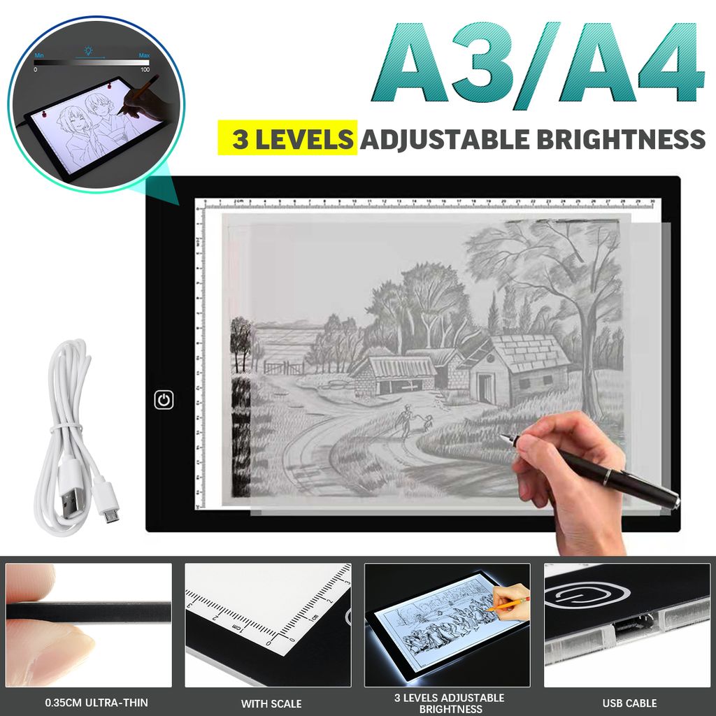 Transparent-Tisch weiß A3 LED-Zeichenbrett Zeichnung Tattoo für Künstler Clip Papier und Tragetasche Schablone Kopiertafel Lichtkasten USB-Kabel