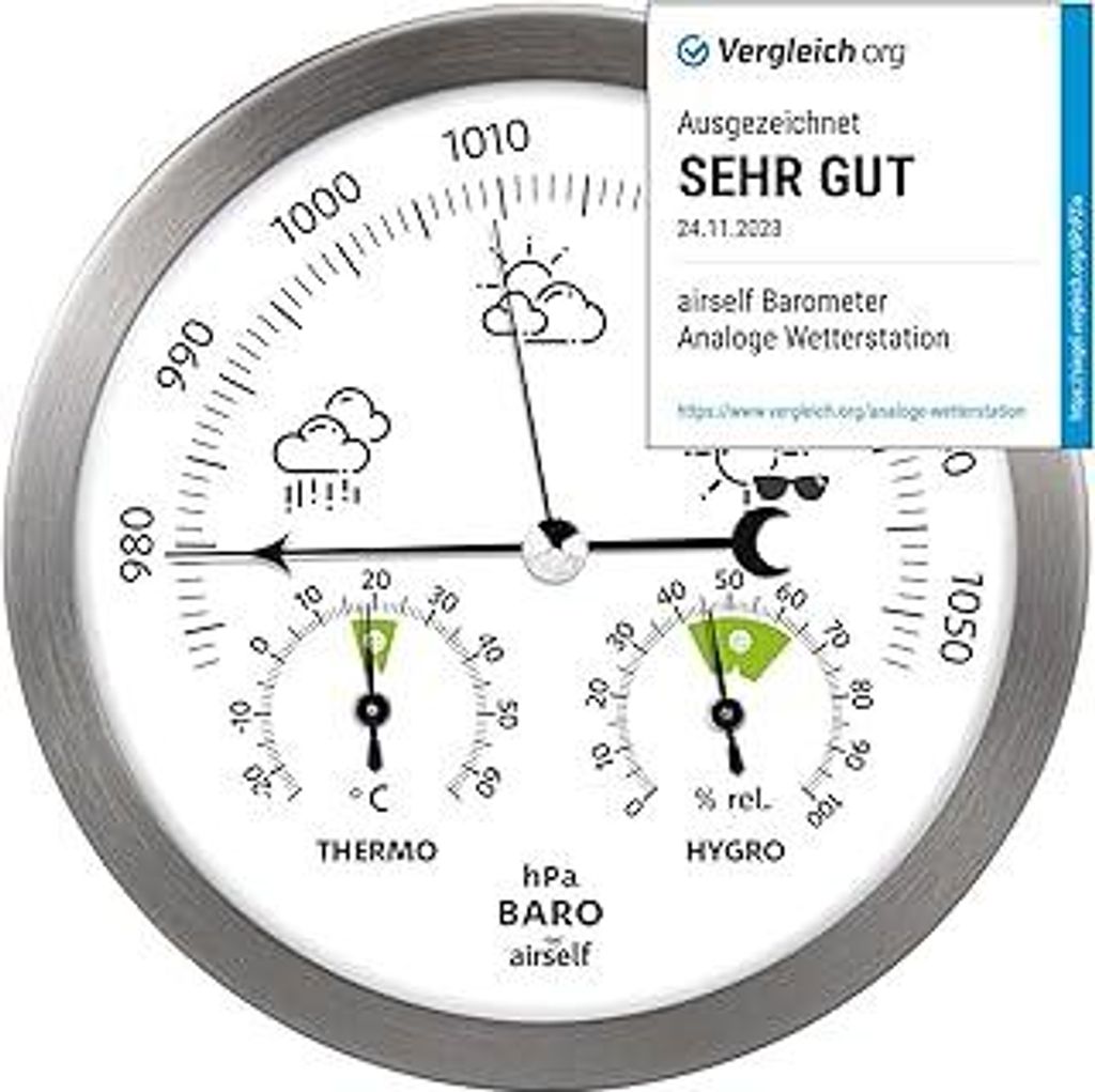 Wetterstation analog aus Edelstahl mit Barometer, Thermometer und Hygrometer für innen und außen