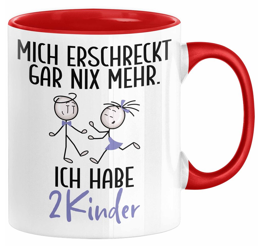 Eltern Mutter Vater Tasse Geschenk von 2 Kindern Lustige Geschenkidee für Mama Papa Mich Erschreckt Gar Nix Mehr Ich Habe 2 Kinder (Rot)