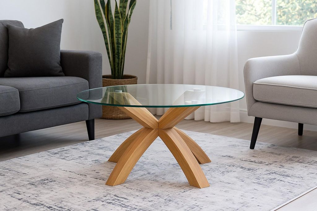 A living room setting with a couch, armchair, and coffee table.