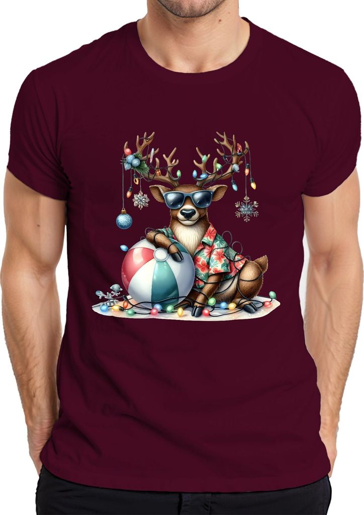 Weihnachtsrentier Sonnenbrille Hawaiihemd Strandball Lichterkette Herren T-Shirt, Burgundy, M
