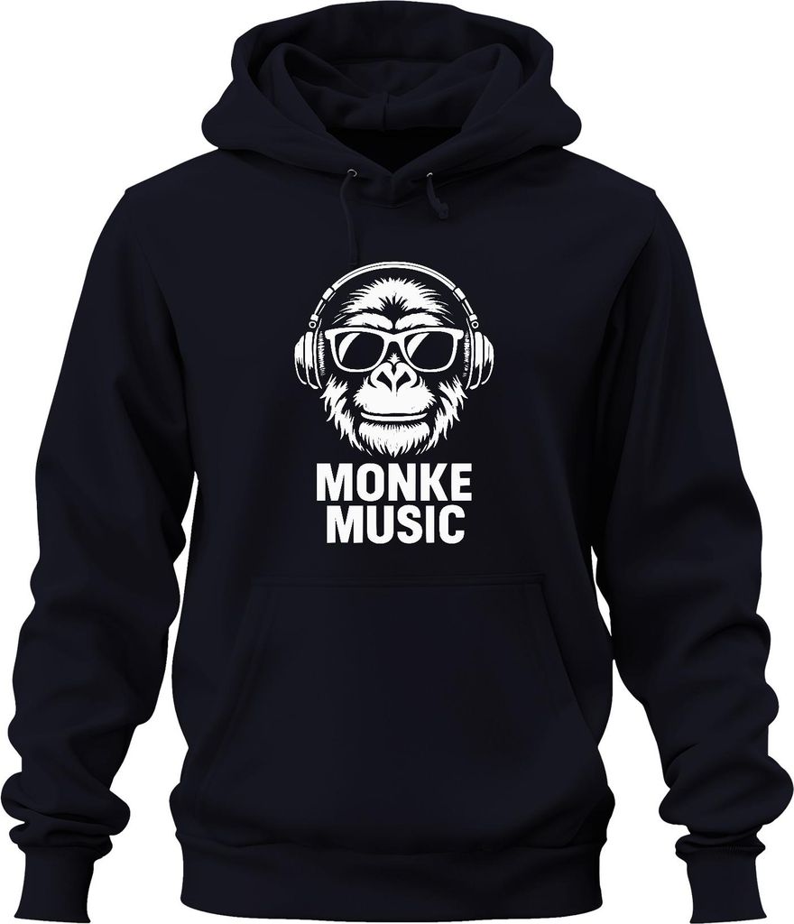 Monke Music Affe Kopfhörer DJ Brille Lustig Meme Urban Retro Uni Hoodie Kapuzenpullover, Navy, XXL