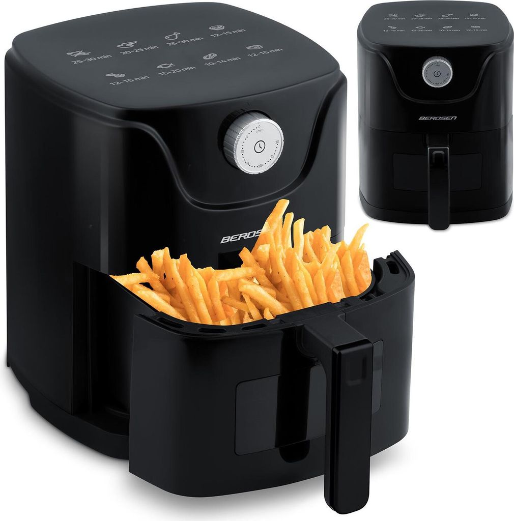A black air fryer with a basket full of french fries is shown, with a smaller inset image of the same air fryer.