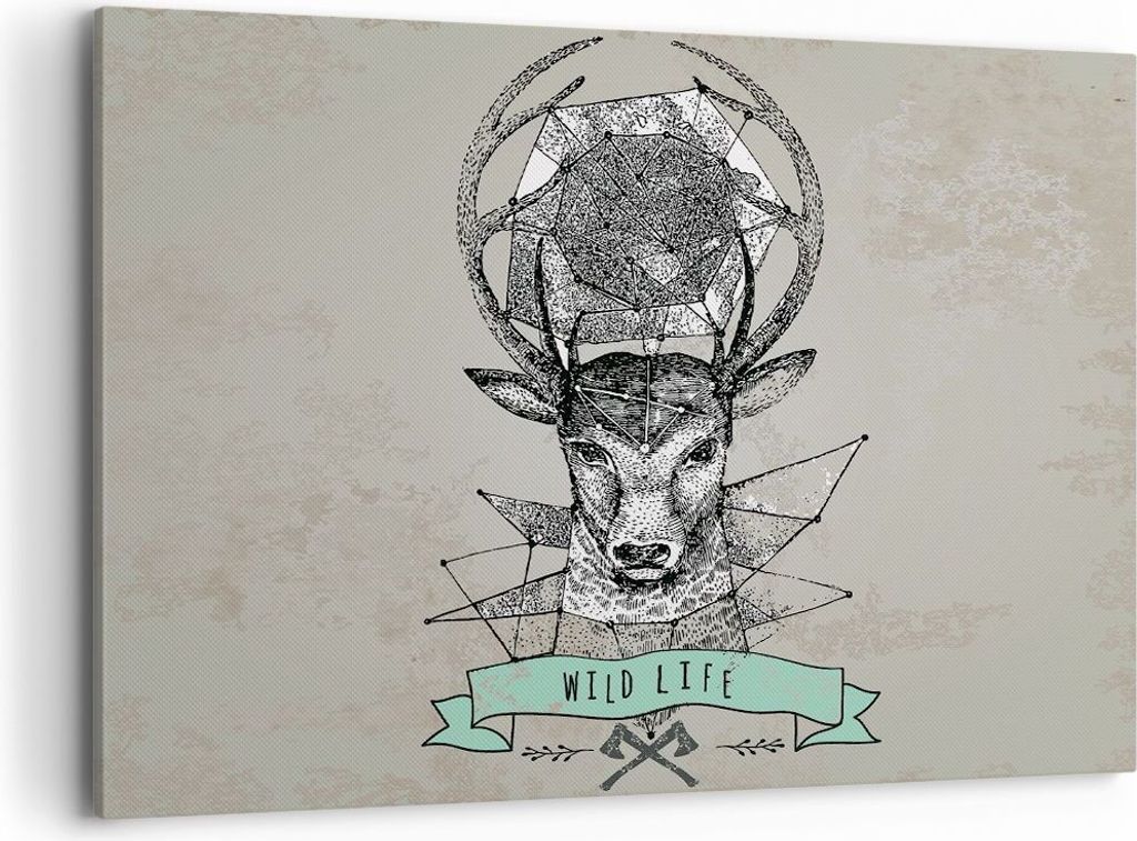 Bild auf Leinwand - Leinwandbild - Hirsch Geweih Wald - 100x70cm - Wand Bild - Wanddeko - Leinwanddruck - Bilder - Kunstdruck - Wanddekoration - Le...