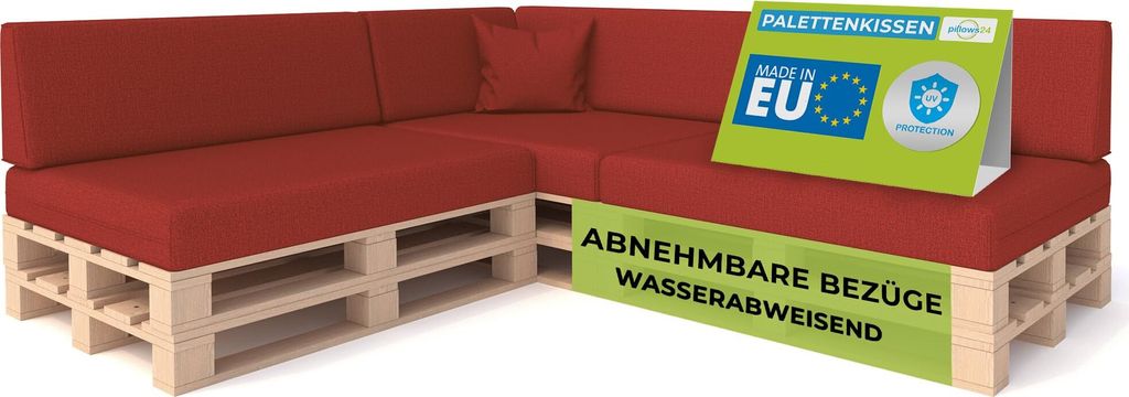 Pillows24 - Palettenkissen mit abnehmbarem Bezug - 8ER SET | Polster für Europaletten 120x80 Sofa - Wasserfest - Outdoor/Indoor | Rot