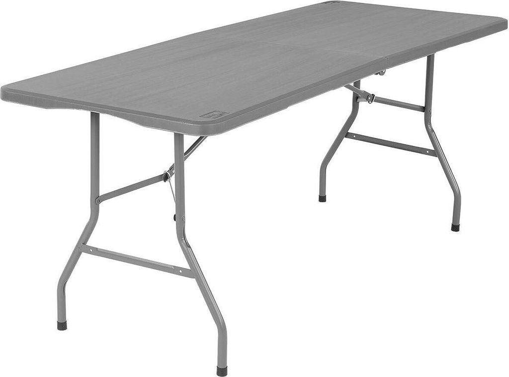 A gray folding table on a white background.
