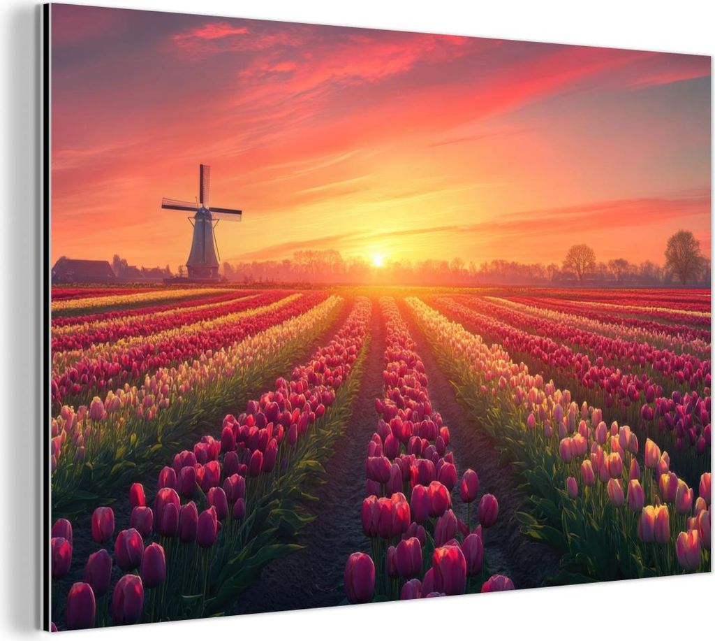 MuchoWow Wanddekoration Metall Metallbild Wandkunst 30x20 cm Windmühle - Sonnenuntergang - Landschaft MuchoWow Aluminium Gemälde - Aluminiumgemä...