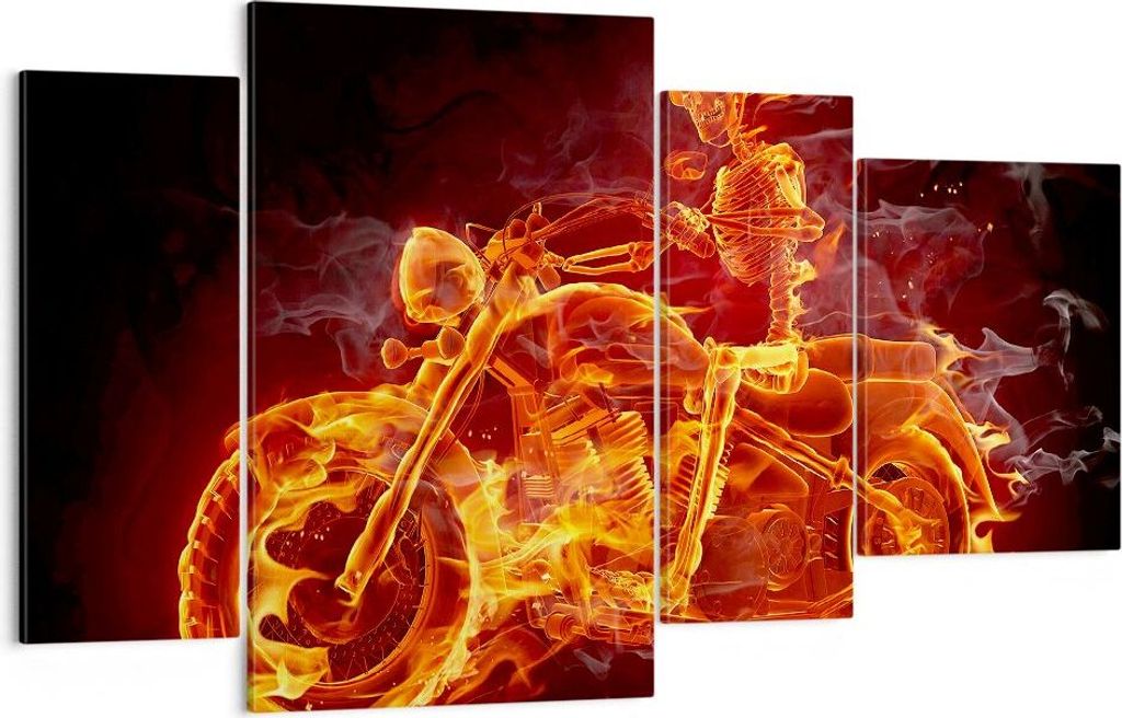 Bild auf Leinwand - Leinwandbild - Motorrad Flammen Skelett - 120x70cm - Wand Bild - Wanddeko - Leinwanddruck - Bilder - Kunstdruck - Wanddekoratio...