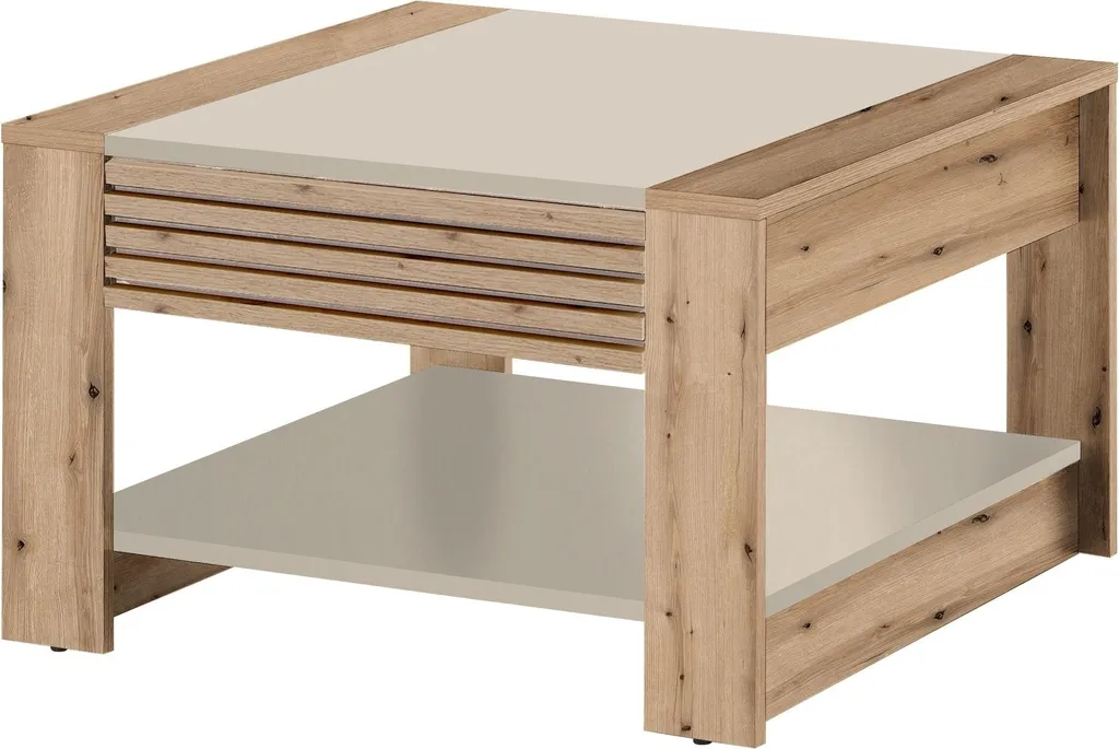 Table basse 70x70 cm tiroir coulissant bois Chêne Evoke et Cachemire