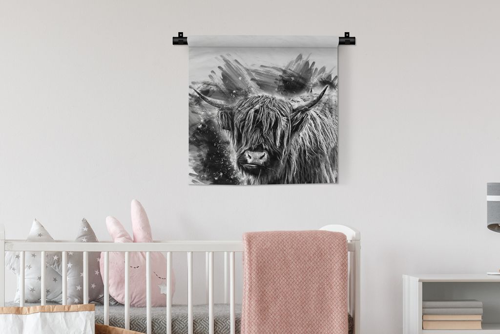 MuchoWow Wandteppich Wandbehang Scottish Hochlandrind - Farbe - Schwarz - Weiß 60x60 cm Tapisserie Dekoration Wandtuch - Dekorationen - Wand Decke