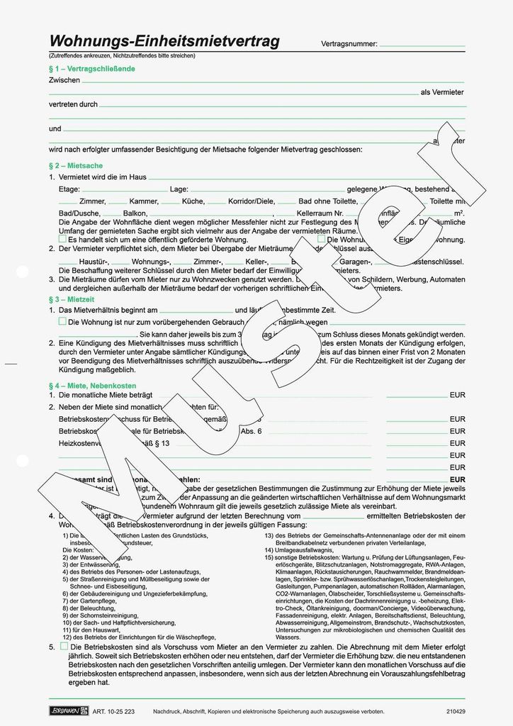 BRUNNEN Mietvertrag Einheitsmietvertrag 1025223 Produktbild 