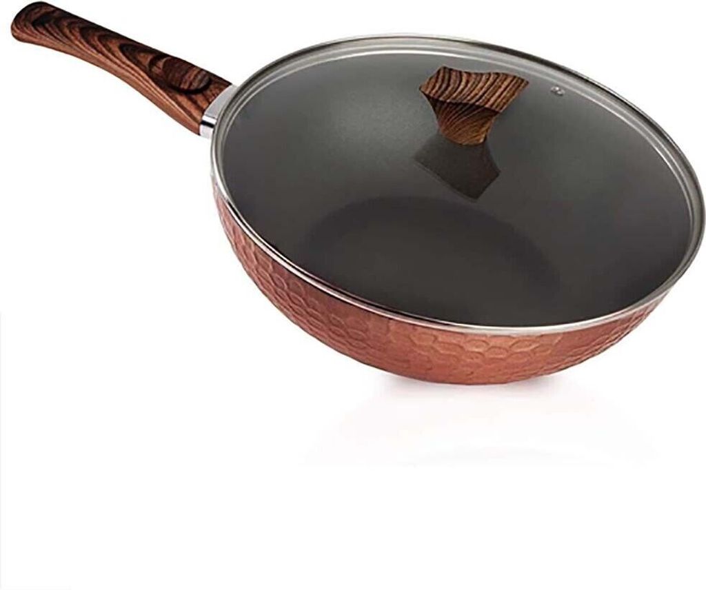 Wok-Pfanne abnehmbarer Holzoptik-Griff Deckel Ø32cm Antihaft Groß 4,7L