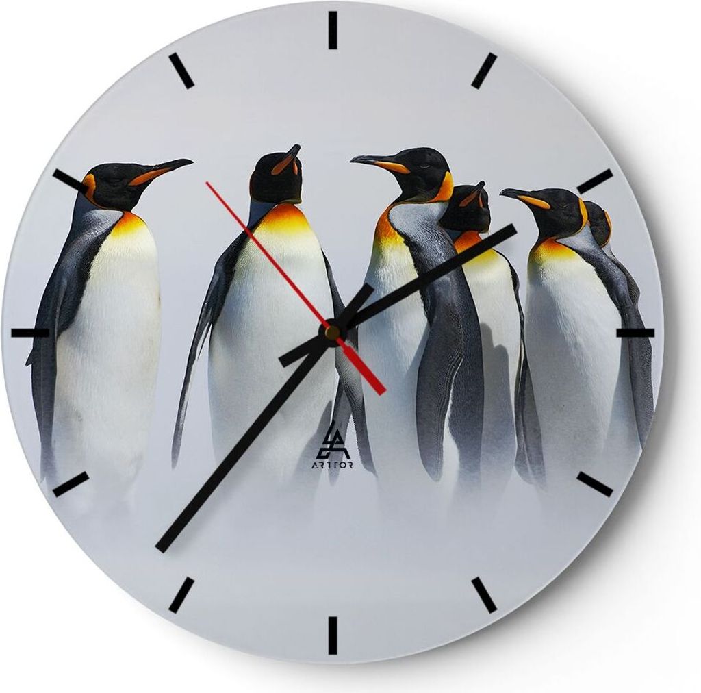 Wanduhr - Rund - Glasuhr - Pinguine Winter Schnee Spaziergang - 40x40cm - Schleichendes Uhrwerk - Lautlos - zum Aufhängen bereit - Dekoration Mode...