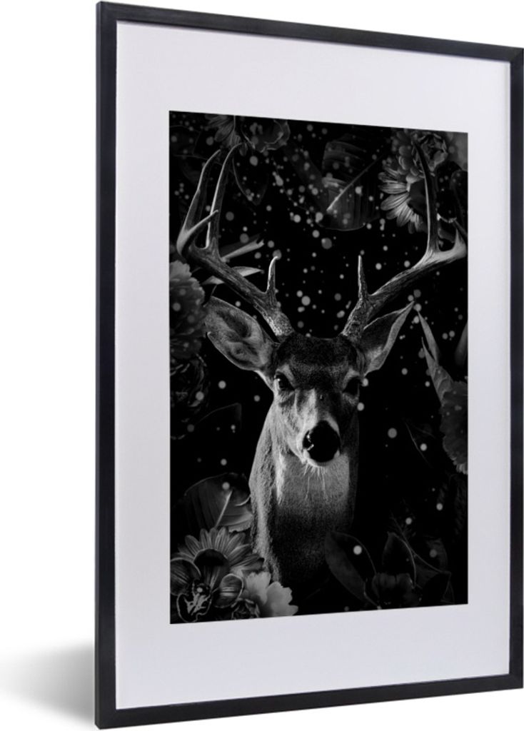 MuchoWow Gerahmtes Poster Botanische Hirsche mit hellen Kugeln vor dunklem Hintergrund - schwarz und weiß 40x60 cm - Poster mit Schwarzem Bilder...