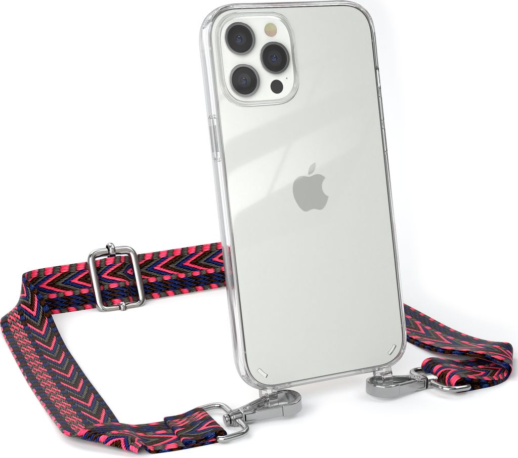 EAZY CASE Handykette - Verstellbarer Trageriemen kompatibel mit Apple iPhone 12 Pro Max, Handykordel mit transparenter Silikon-Hülle, Band in Rosa
